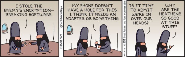 Dilbert comic strip showing Elbonians trying to plug a USB flash drive into a smartphone.